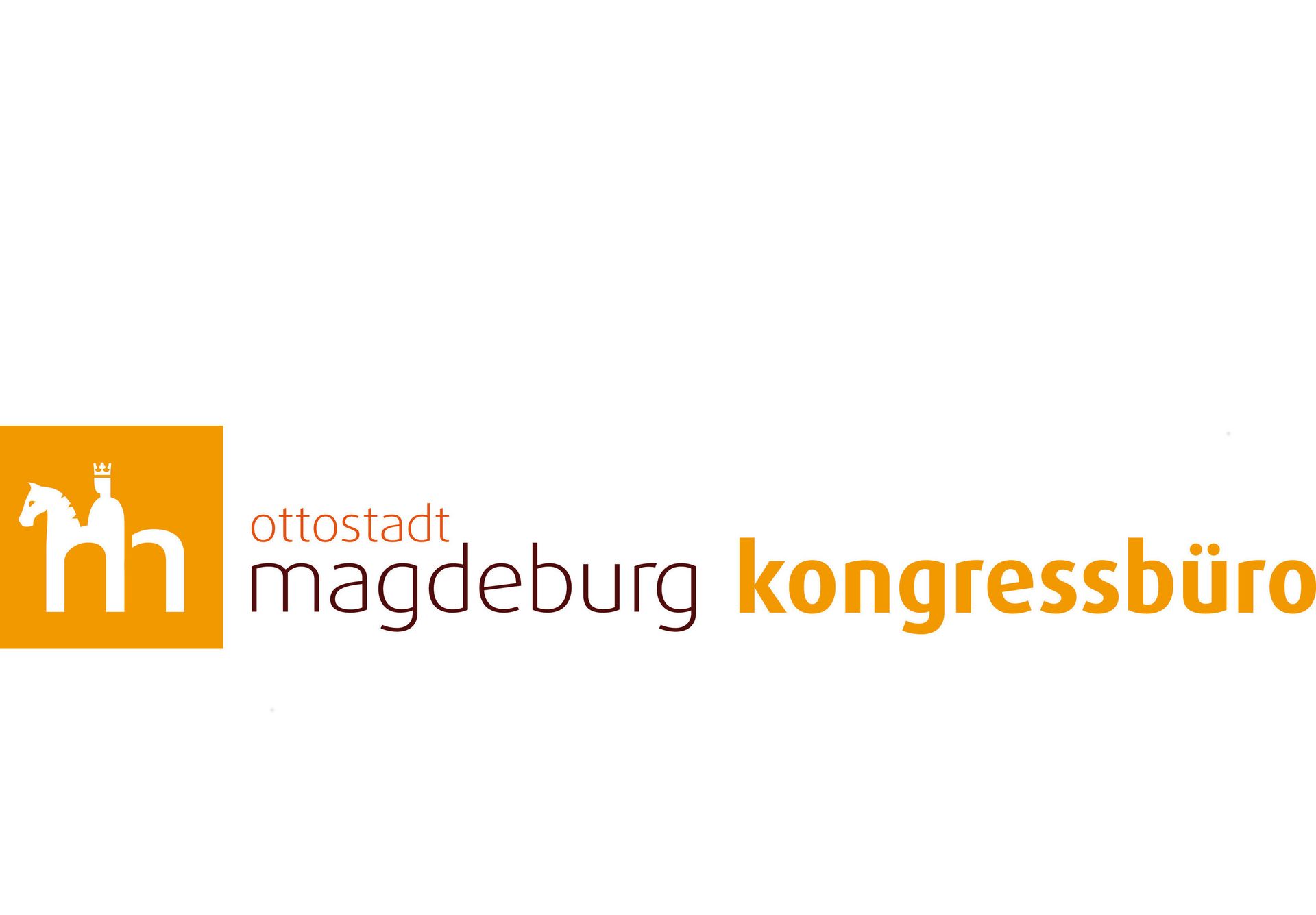Logo des Kongressbüros Magdeburg. Es zeigt den stilisierten Magdeburger Reiter vor dem Schriftzug „Ottostadt Magdeburg Kongressbüro“