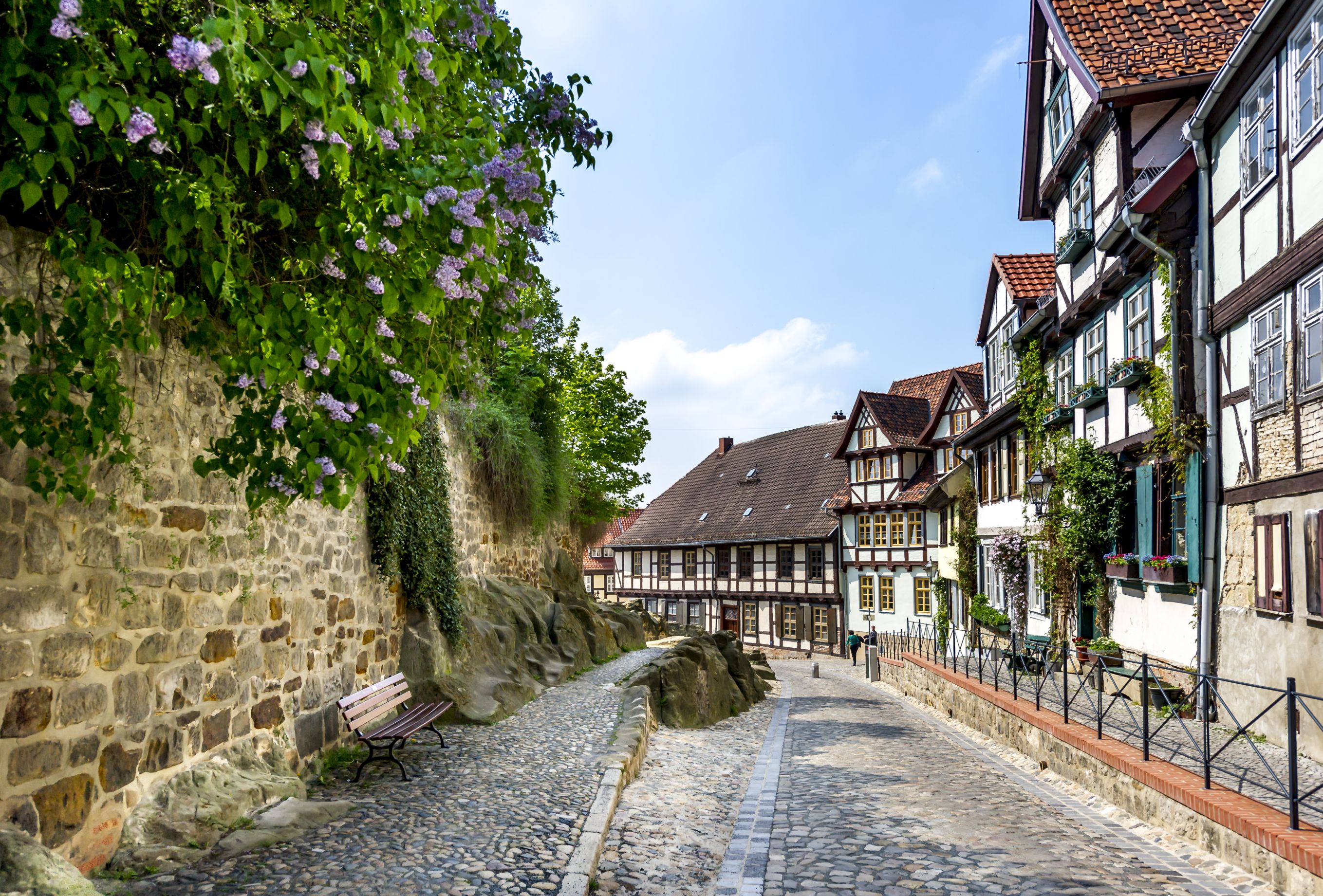 Blick auf eine Reihe Fachwerkhäuser in Quedlinburg
