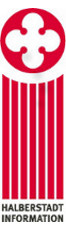 Logo der Halberstadt Information. Es zeigt ein stilisiertes Kirchenfenster in rot und darunter den Schriftzug „Halberstadt Information“